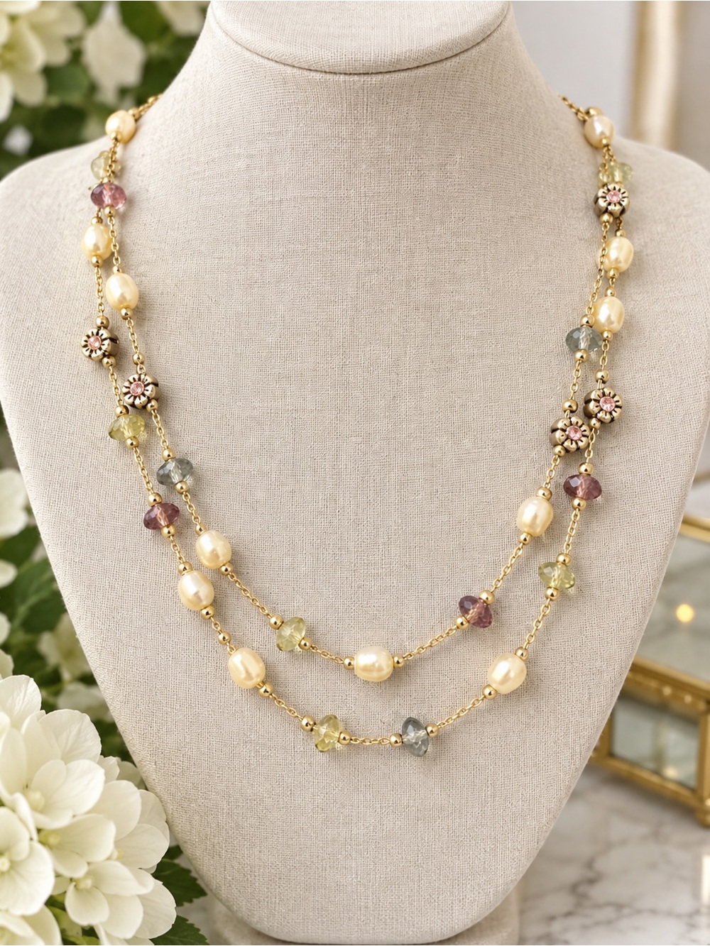 Premier Designs Madeline Double Strand Faux Pearl Beaded Floral Necklace